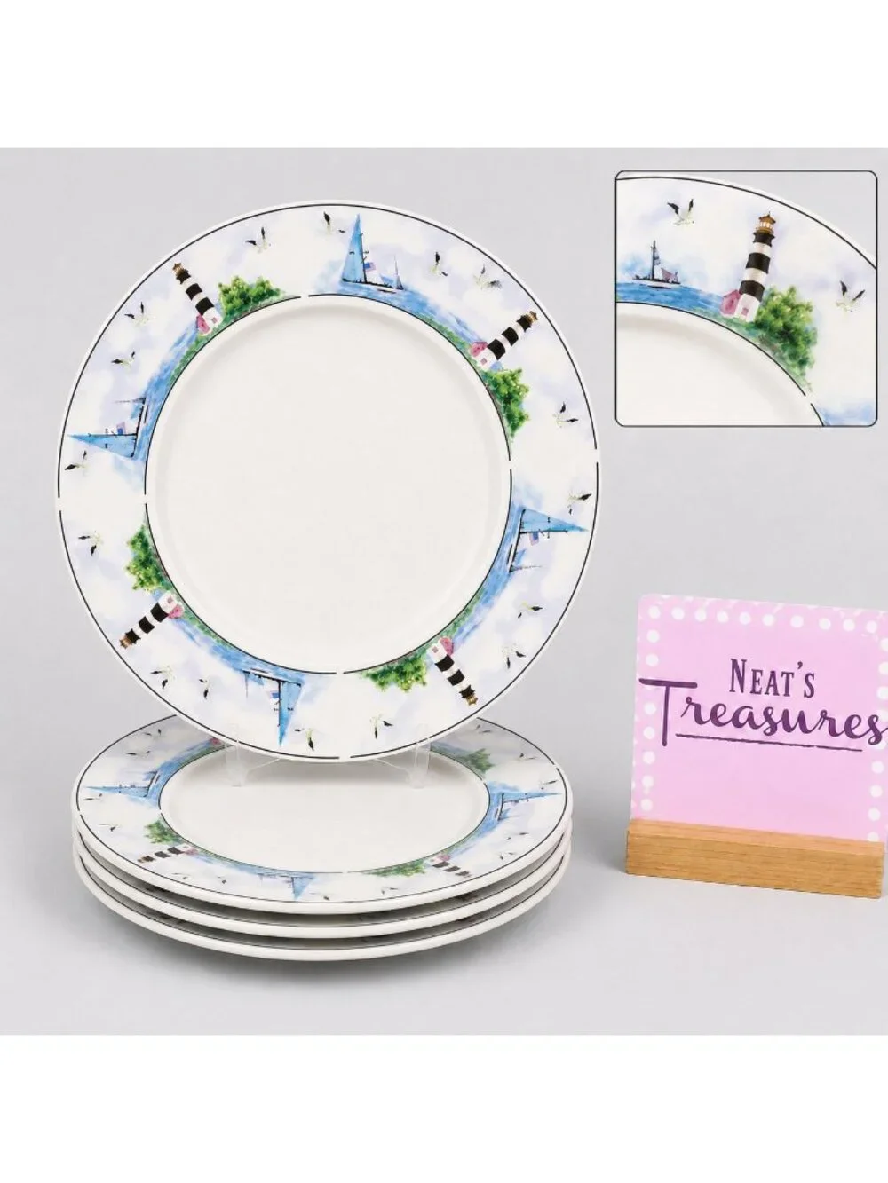 Thomson Pottery LIGHTHOUSE Birds Boats Coastal Stoneware Dinner Plates Set of 4